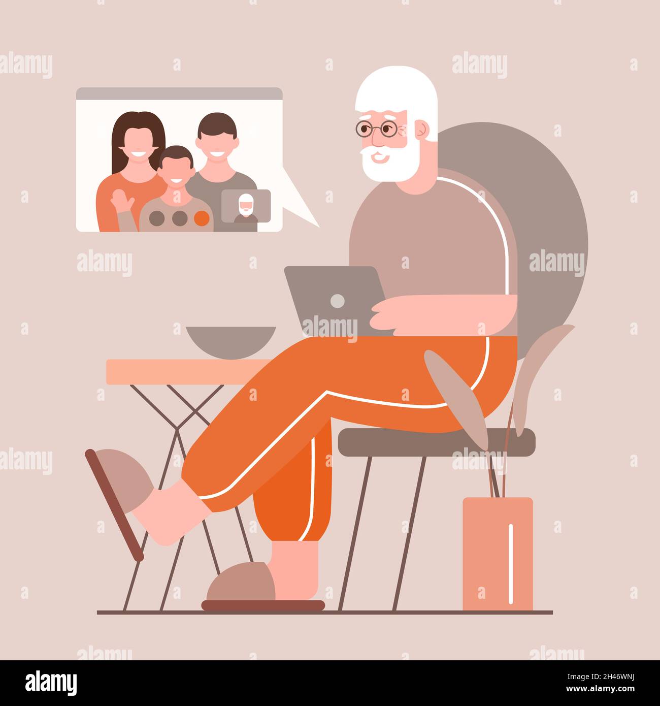 Happy grandfather with laptop has video call with his family. Grandpa has online chat with children and grandchild Stock Vector