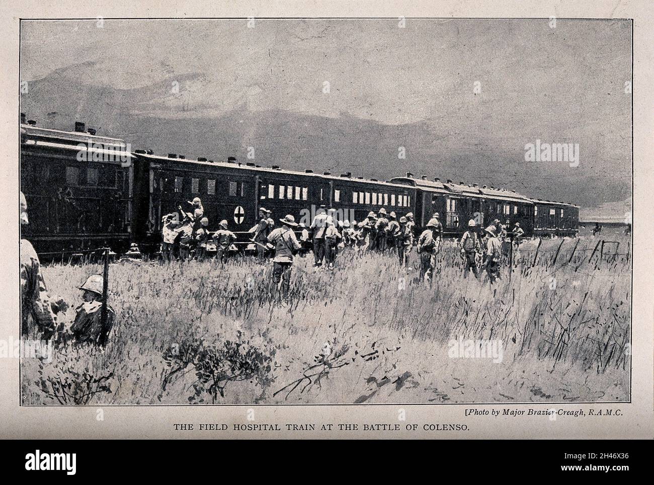 Boer War: a hospital train at the Battle of Colenso with soldiers milling around. Halftone, c. 1900, after H. Brazier-Creagh. Stock Photo