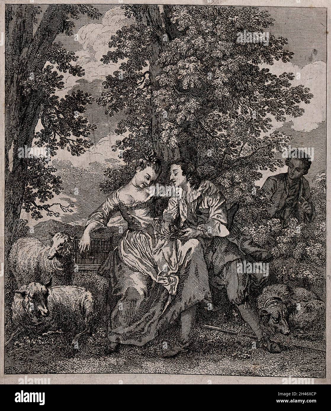 A shepherdess receiving amorous approaches from a man under a tree as they are watched by a man from behind. Etching. Stock Photo