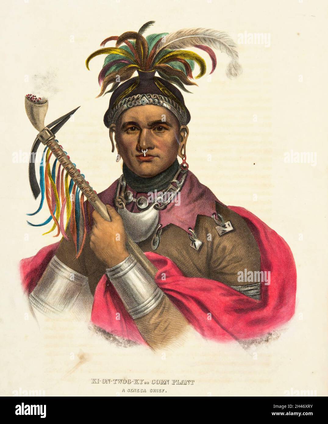 Kiontwogky or Corn Plant a Seneca Chief with Peace Pipe from the book ' History of the Indian Tribes of North America with biographical sketches and anecdotes of the principal chiefs. ' Volume 1 of 3 by Thomas Loraine,McKenney and James Hall Esq. Published in 1838 Stock Photo