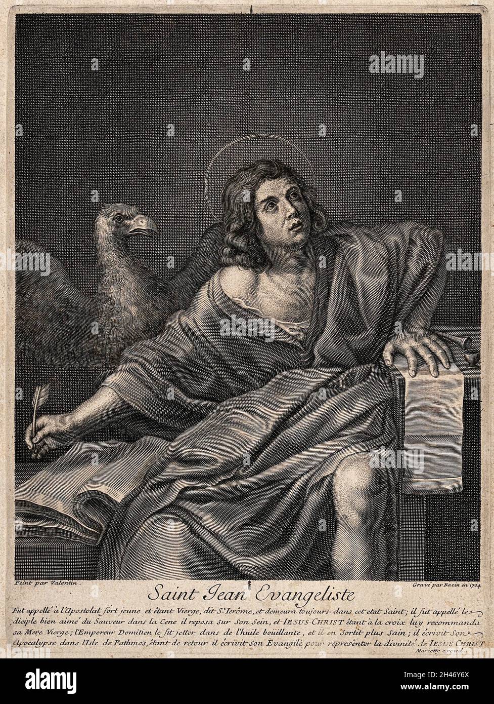 Saint John the Evangelist. Line engraving by N. Bazin, 1704, after Valentin de Boulogne. Stock Photo