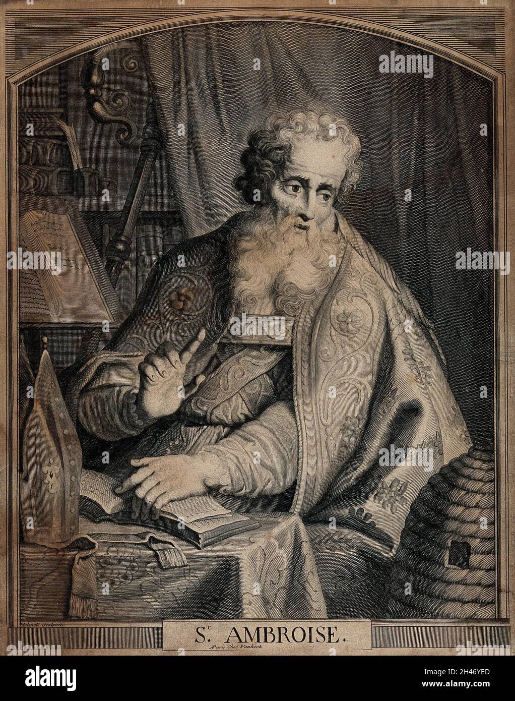 Saint Ambrose. Line engraving by G. Edelinck Stock Photo Alamy
