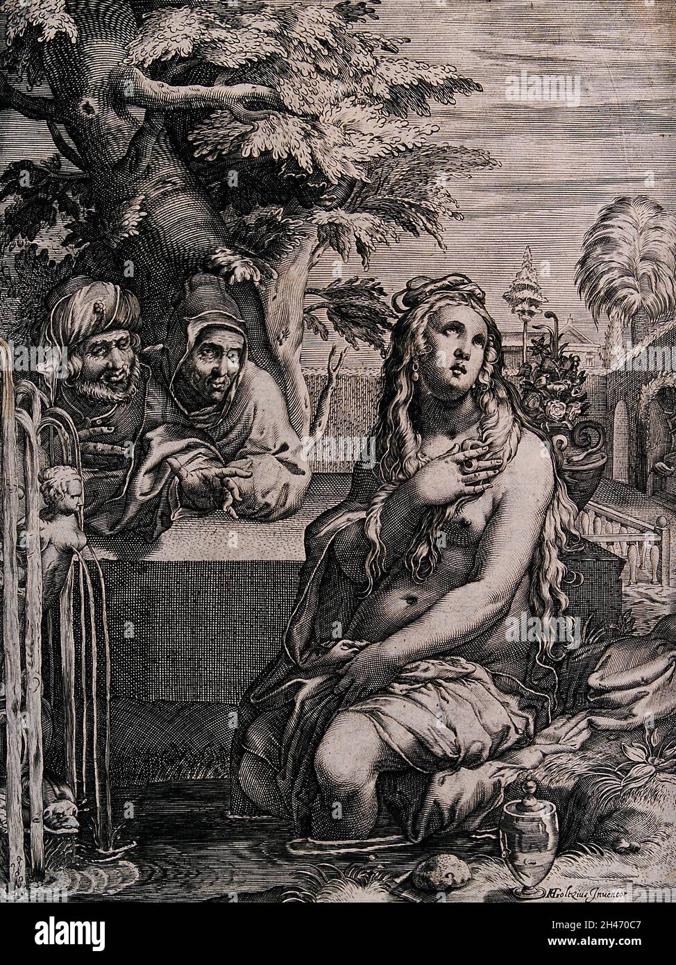 Susanna bathing at the edge of a pool while two men are watching her ...