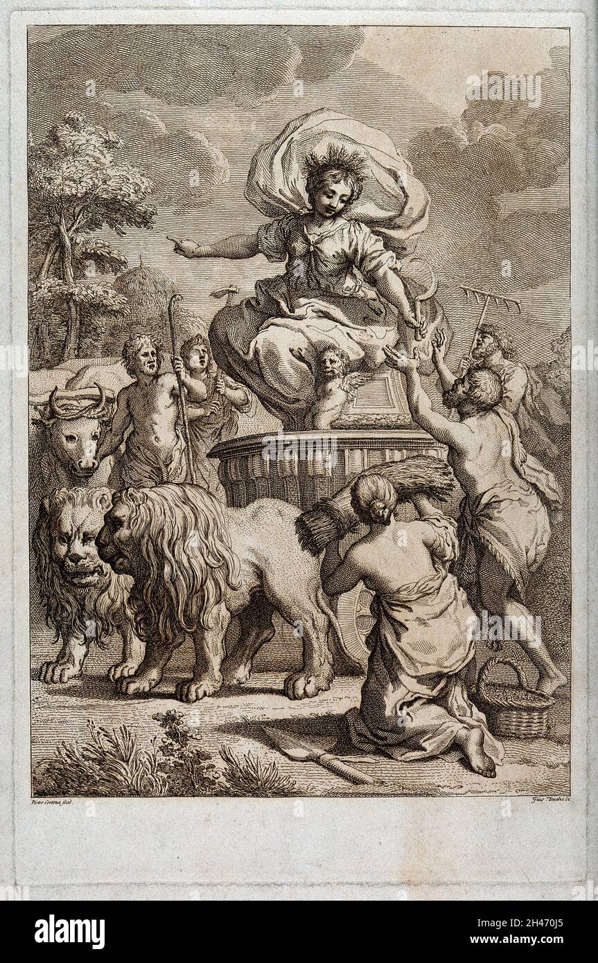 Ceres (Demeter) on a chariot drawn by lions receives offerings from peasants; representing harvest. Etching by G. Zocchi after P. da Cortona. Stock Photo