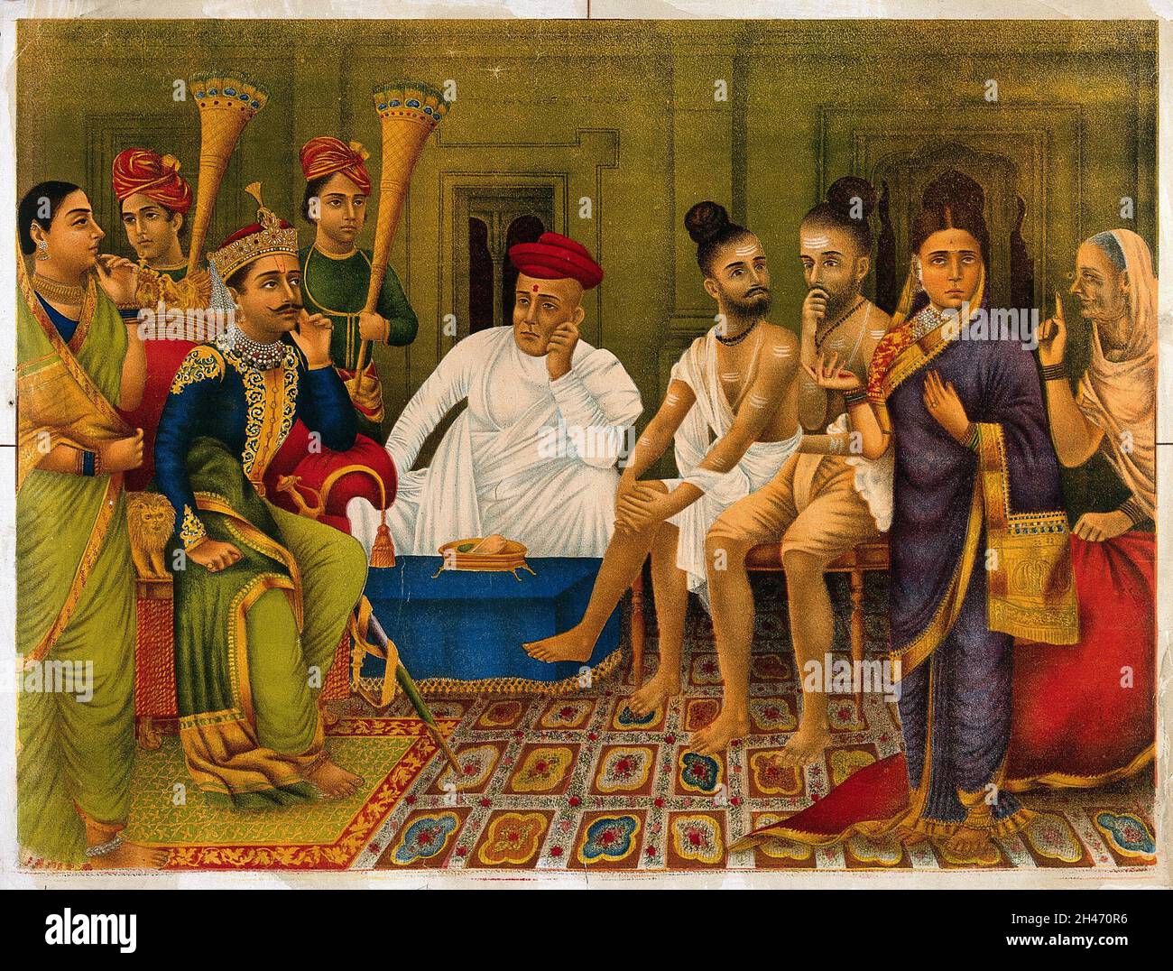 Dasaratha being asked in court to banish Rama by Kaikeyi and her humpbacked female slave Manthara. Chromolithograph. Stock Photo