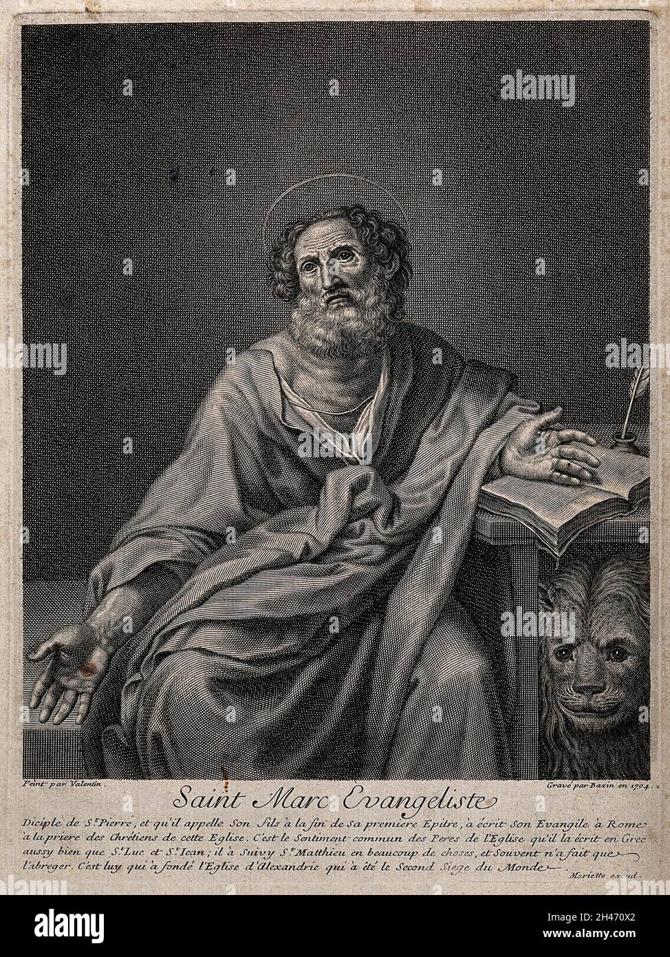 Saint Mark. Line engraving by N. Bazin, 1704, after Valentin de Boulogne. Stock Photo