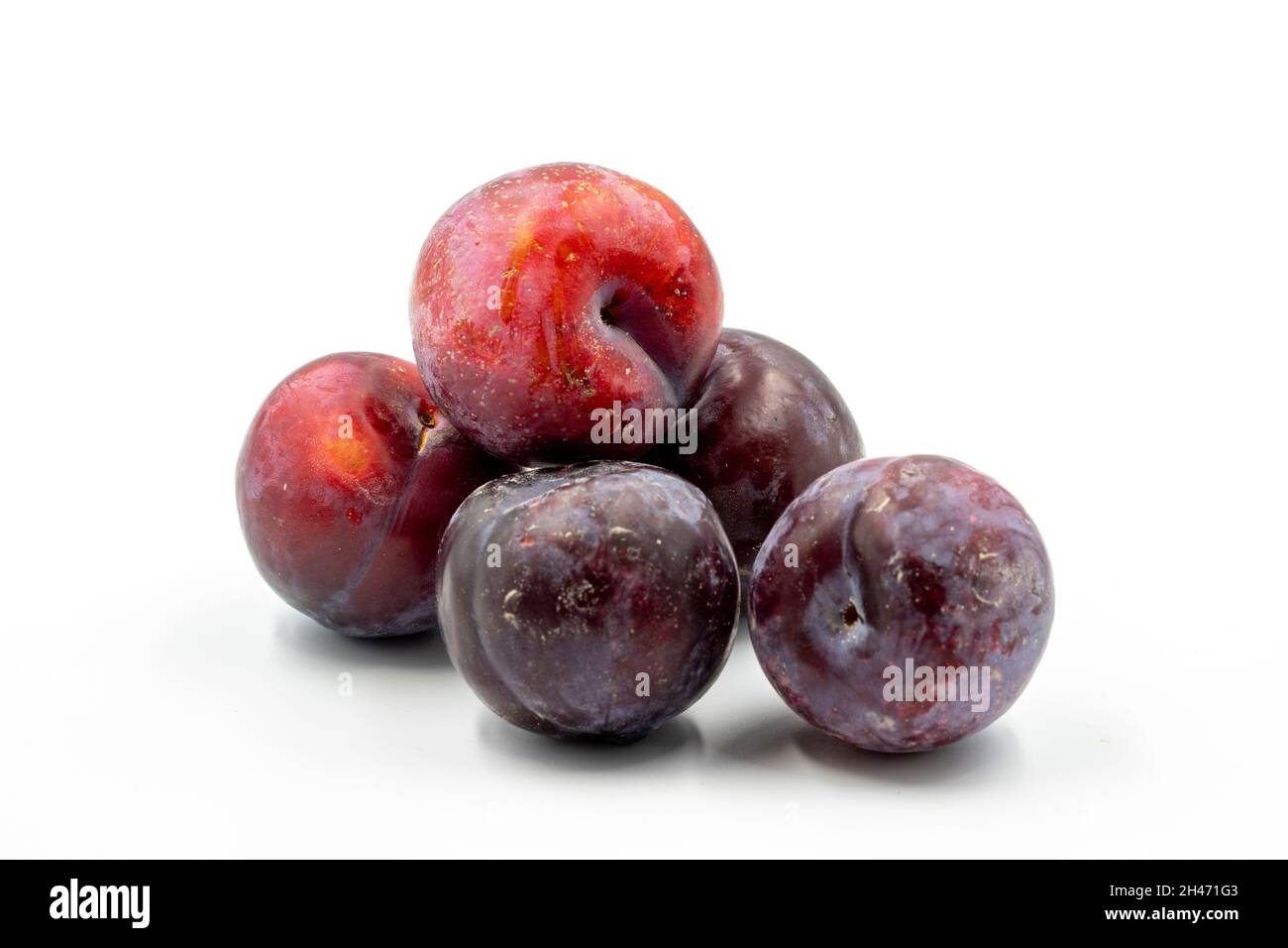 Black plum on a white background. Combined with a mature black plum shade. close up Stock Photo