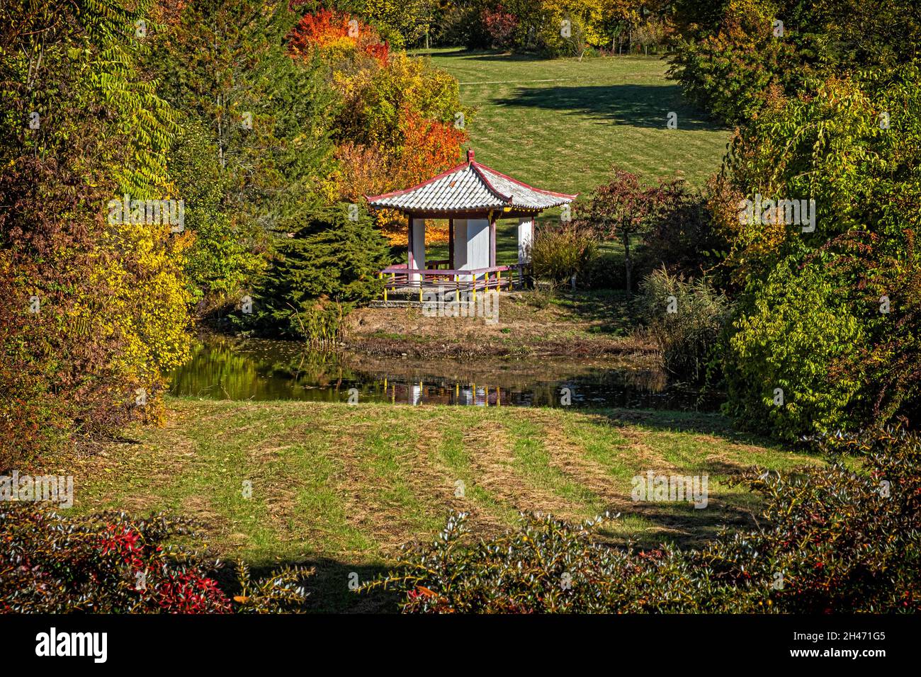 Asian architecture in arboretum Tesarske Mlynany, Slovak republic. Travel destination. Stock Photo