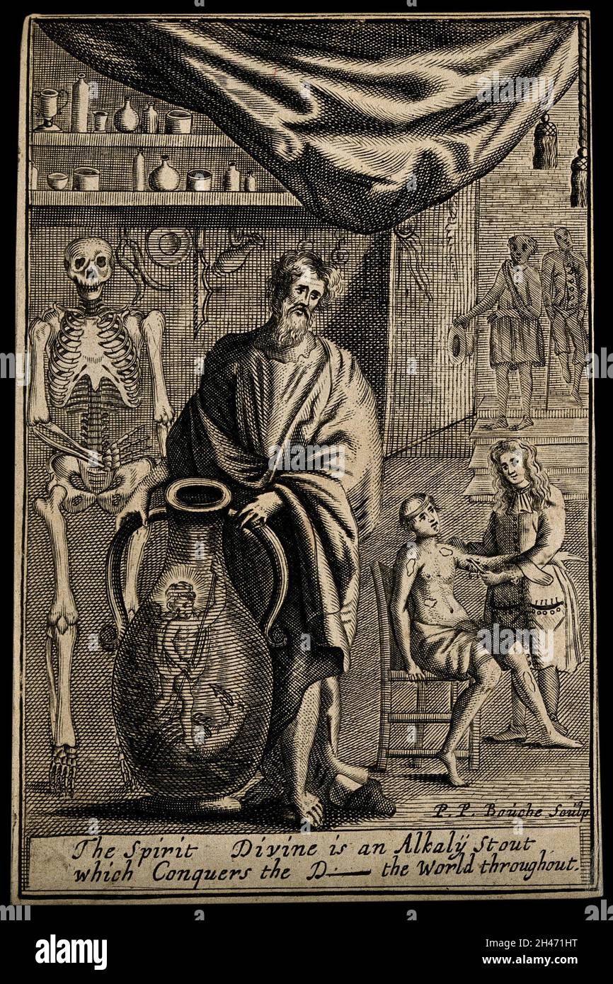 A scholar in a surgeon's workroom with a jar of spirits containing Saint Michael defeating a dragon with a barbued tonge; representing the scholar's knowledge of chemistry enabling surgeons to heal, by setting the beneficent force of alkalis against the noxious force of acids. Etching by P.P. Bouche, ca. 1686. Stock Photo