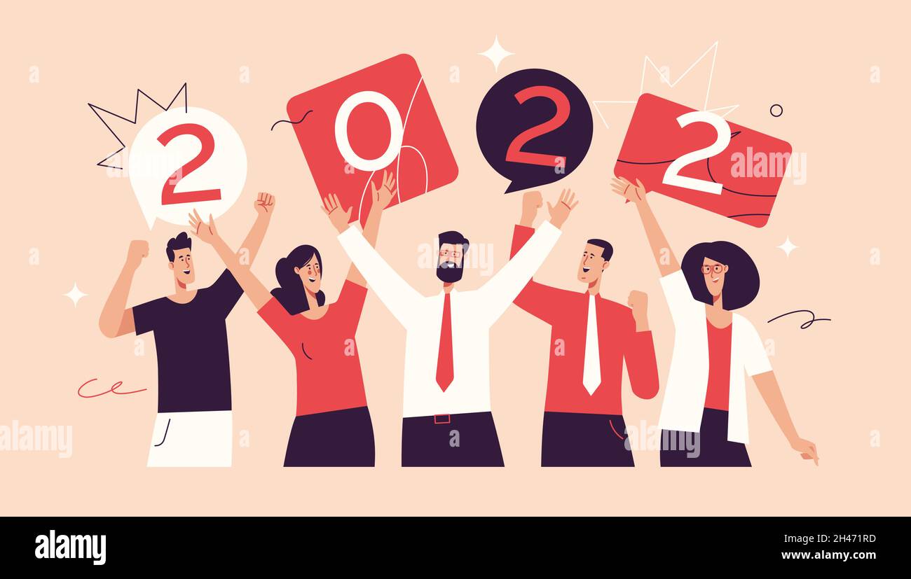 Vector illustration depicting a group of office workers celebrating the new year 2022. Editable stroke Stock Vector