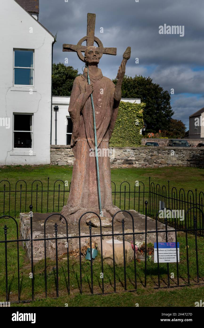 Statue of St Aidan, Lindisfarne, Northumberland Stock Photo Alamy