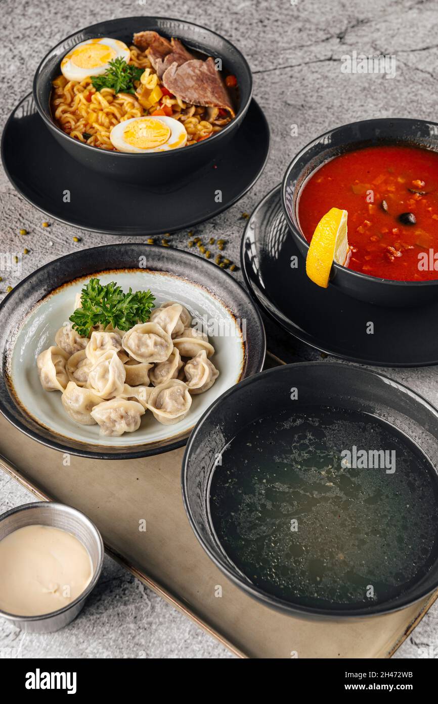 Various first course soup dishes Stock Photo