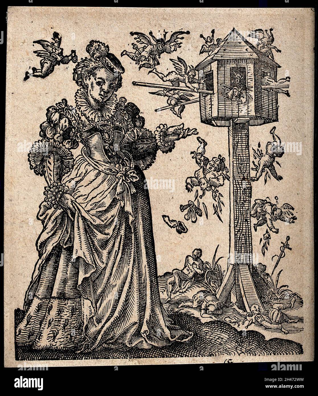 A sumptuously dressed lady gestures towards a mid-air battle between ...