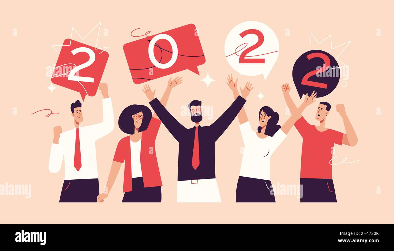 Vector illustration depicting a group of office workers celebrating the new year 2022. Editable stroke Stock Vector