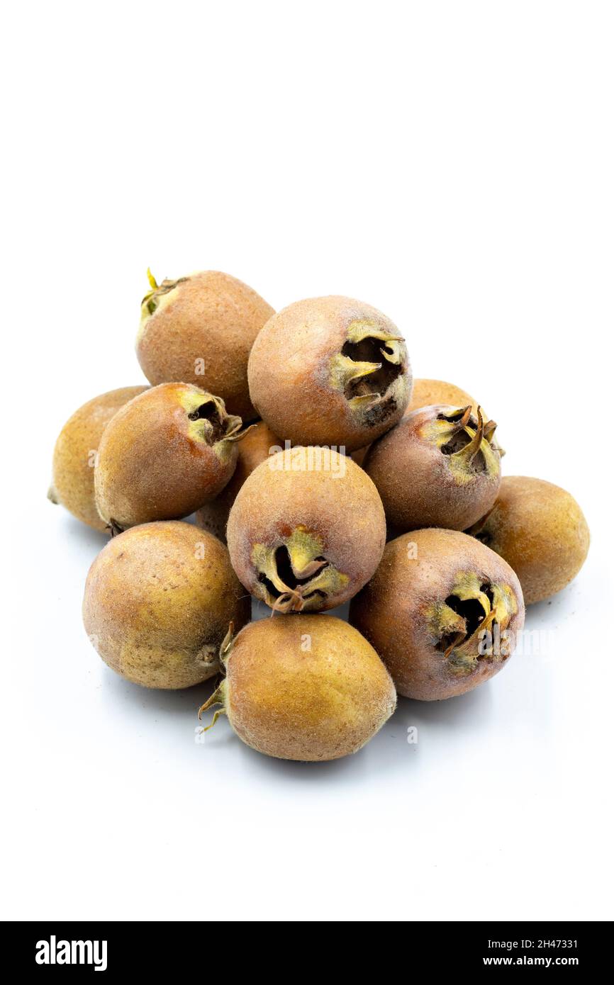 Common Medlar on a white background. Along with mature Common Medlar shade. Story format close-up Stock Photo