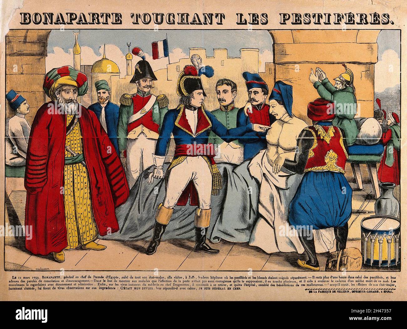 Napoleon Bonaparte touching the bubo of a plague victim at Jaffa in 1799. Coloured wood engraving by Thiébault. Stock Photo