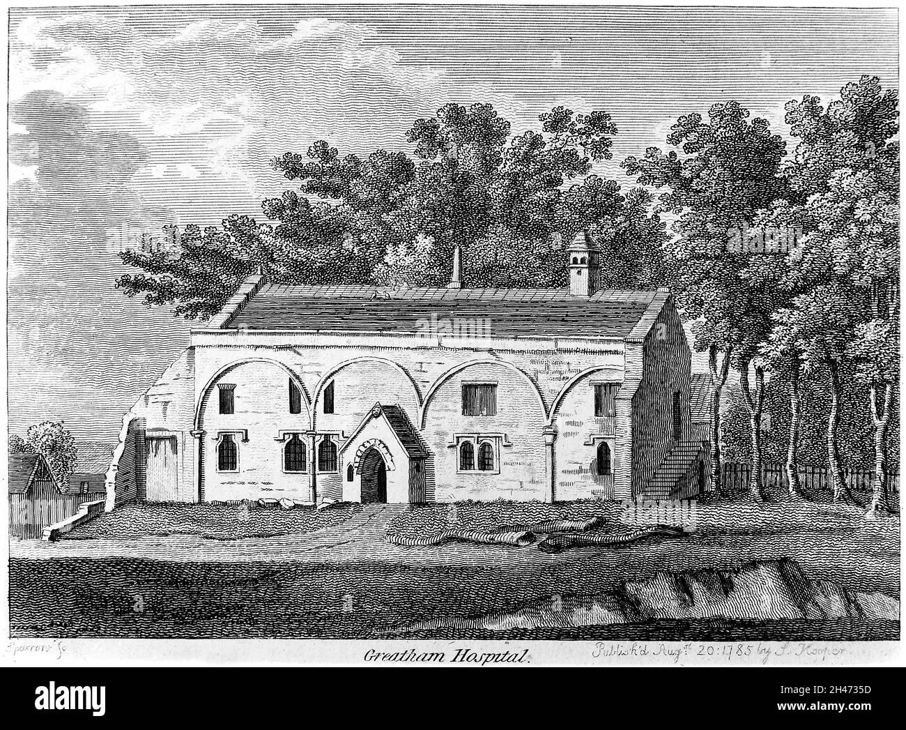 Greatham Hospital, Greatham, Durham. Line engraving by Sparrow, 1785