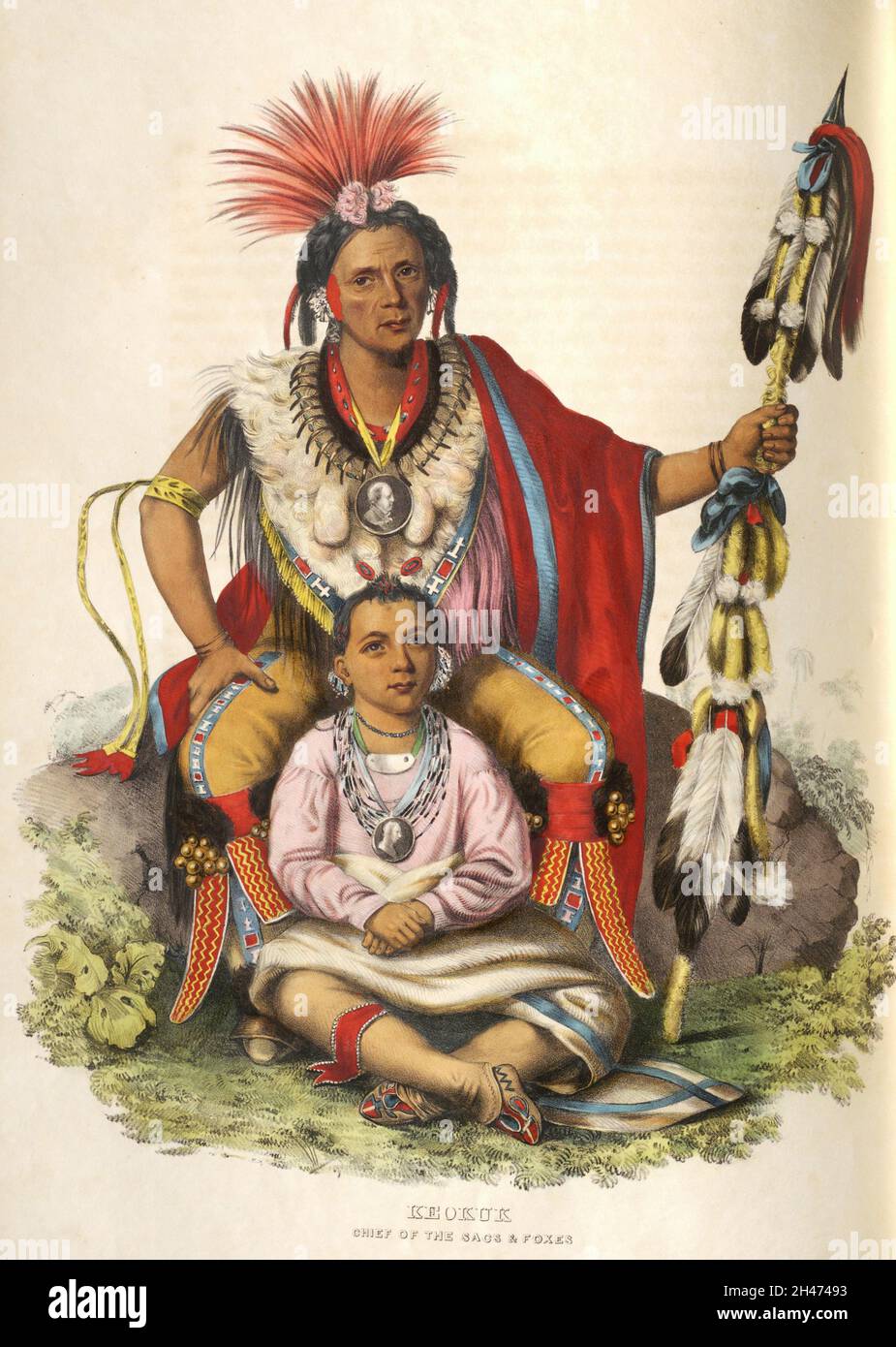 Keokuk (circa 1780–June 1848) was a leader of the Sauk tribe in central North America, and for decades was one of the most recognized Native American leaders and noted for his accommodation with the U.S. government. Keokuk moved his tribe several times and always acted as an ardent friend of the Americans from the book ' History of the Indian Tribes of North America with biographical sketches and anecdotes of the principal chiefs. ' Volume 2 of 3 by Thomas Loraine, McKenney, and James Hall Esq. Published in 1842 Painted by Charles Bird King Stock Photo