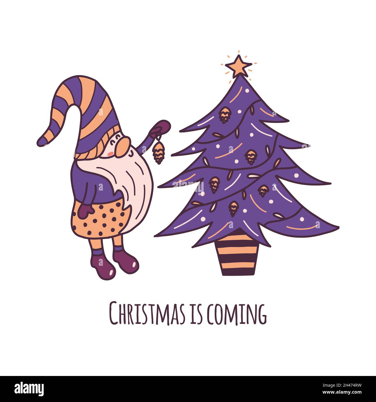 Cute little Christmas gnome stands next to the tree and hangs a pine cone  toy. Inscription Christmas is coming. Colorful vector illustration hand  draw Stock Vector Image & Art - Alamy