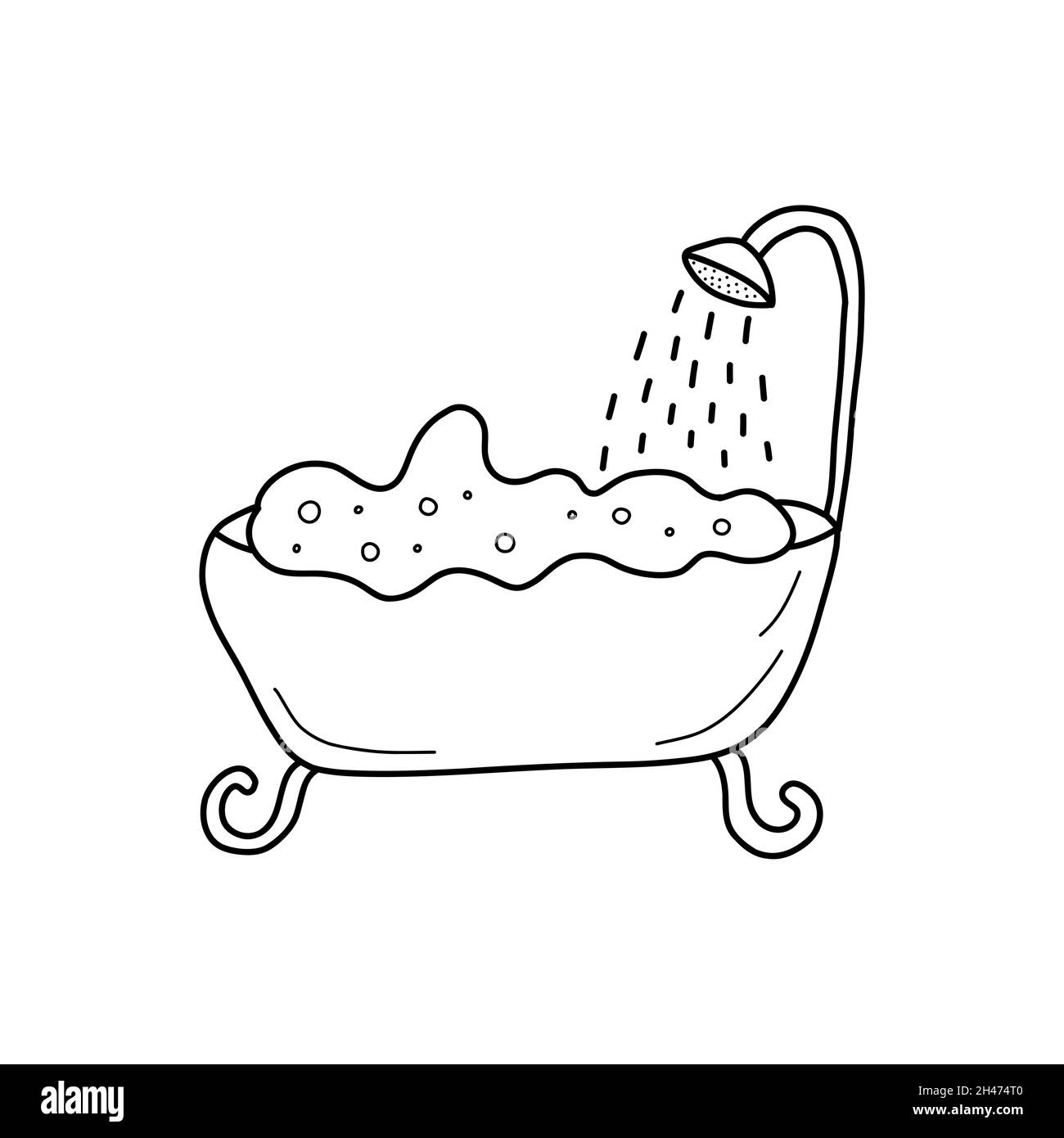 Filled bathroom with foam and bubbles. From above pours shower. Morning routine. Black and white vector isolated illustration doodle Stock Vector