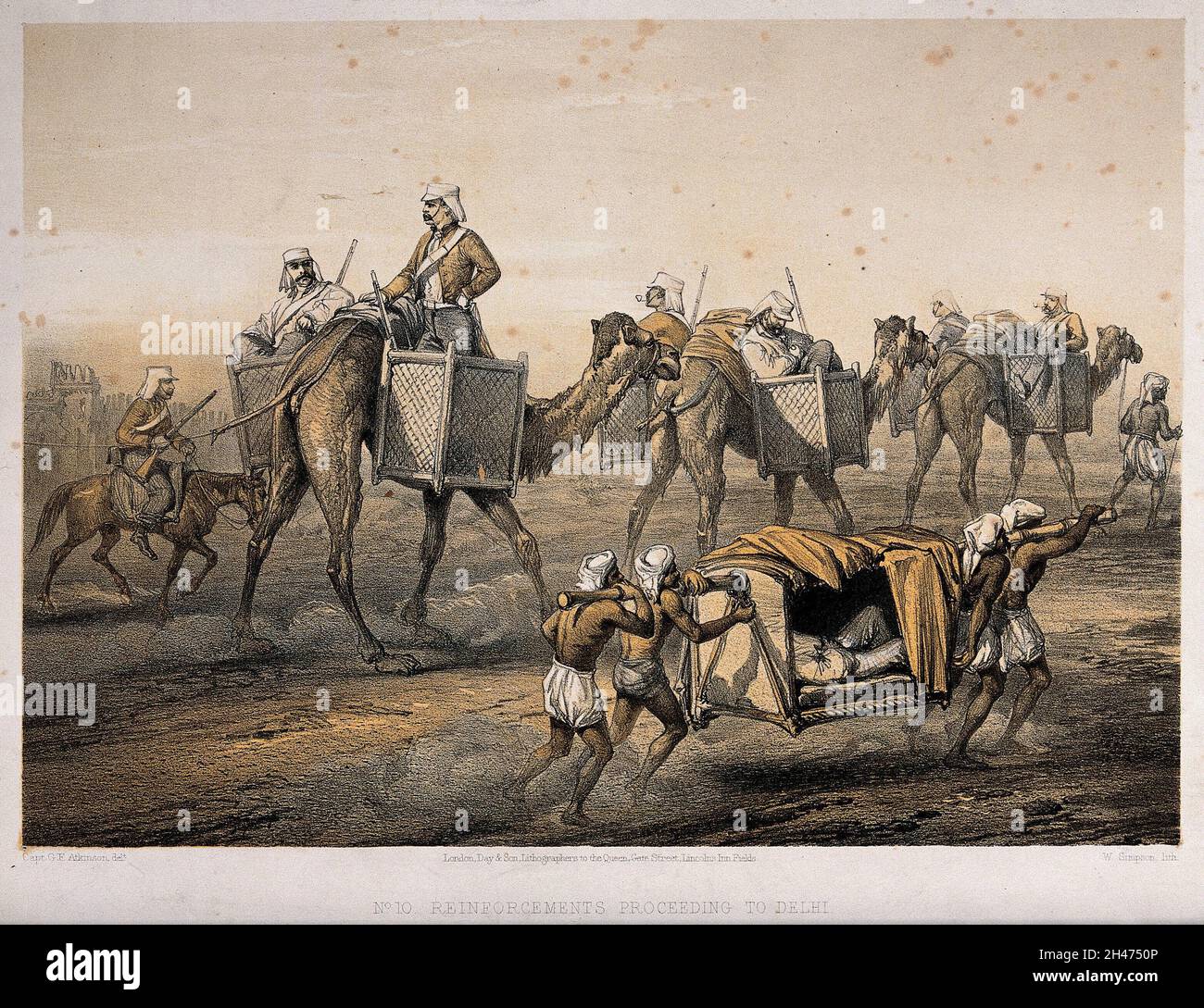 Sepoy Rebellion: British officers travelling in panniers on the backs of camels and borne in a litter by Indian men. Tinted lithograph by W. Simpson, 1859, after G.F. Atkinson. Stock Photo