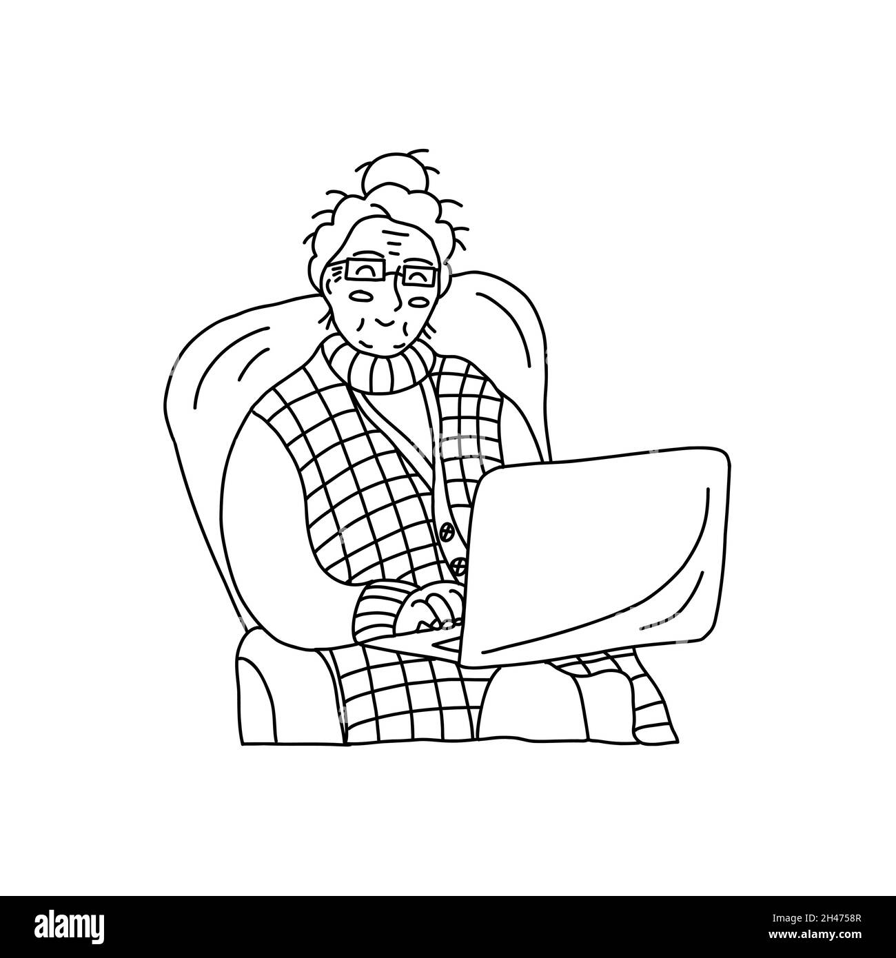 Happy grandma sits in a chair wearing glasses with a laptop. Black and white vector hand drawn isolated illustration. Grandmother smiles and communica Stock Vector