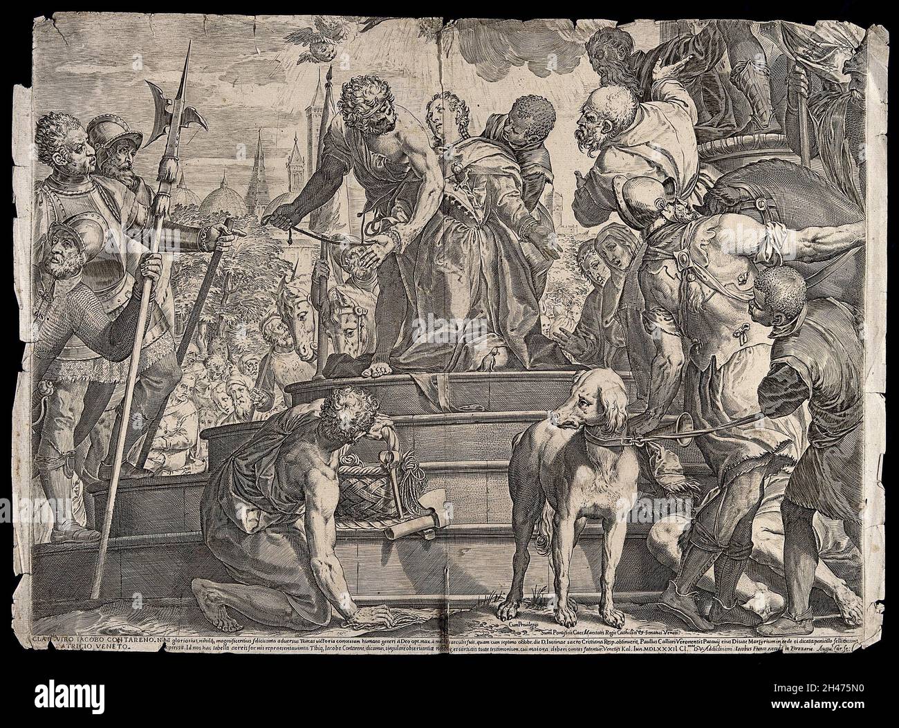 Saint Justina of Padua her martyrdom. Engraving by Agostino Carracci