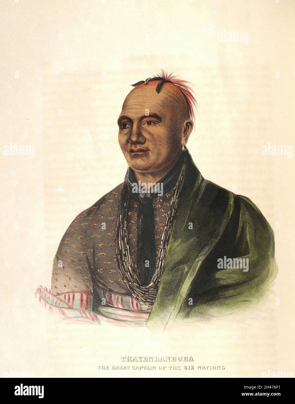 Thayendanegea or Joseph Brant (March 1743 – November 24, 1807) was a Mohawk military and political leader, based in present-day New York, who was closely associated with Great Britain during and after the American Revolution. Perhaps the Native American of his generation best known to the Americans and British, he met many of the most significant Anglo-American people of the age, including both George Washington and King George III. from the book ' History of the Indian Tribes of North America with biographical sketches and anecdotes of the principal chiefs. ' Volume 2 of 3 by Thomas Loraine, Stock Photo