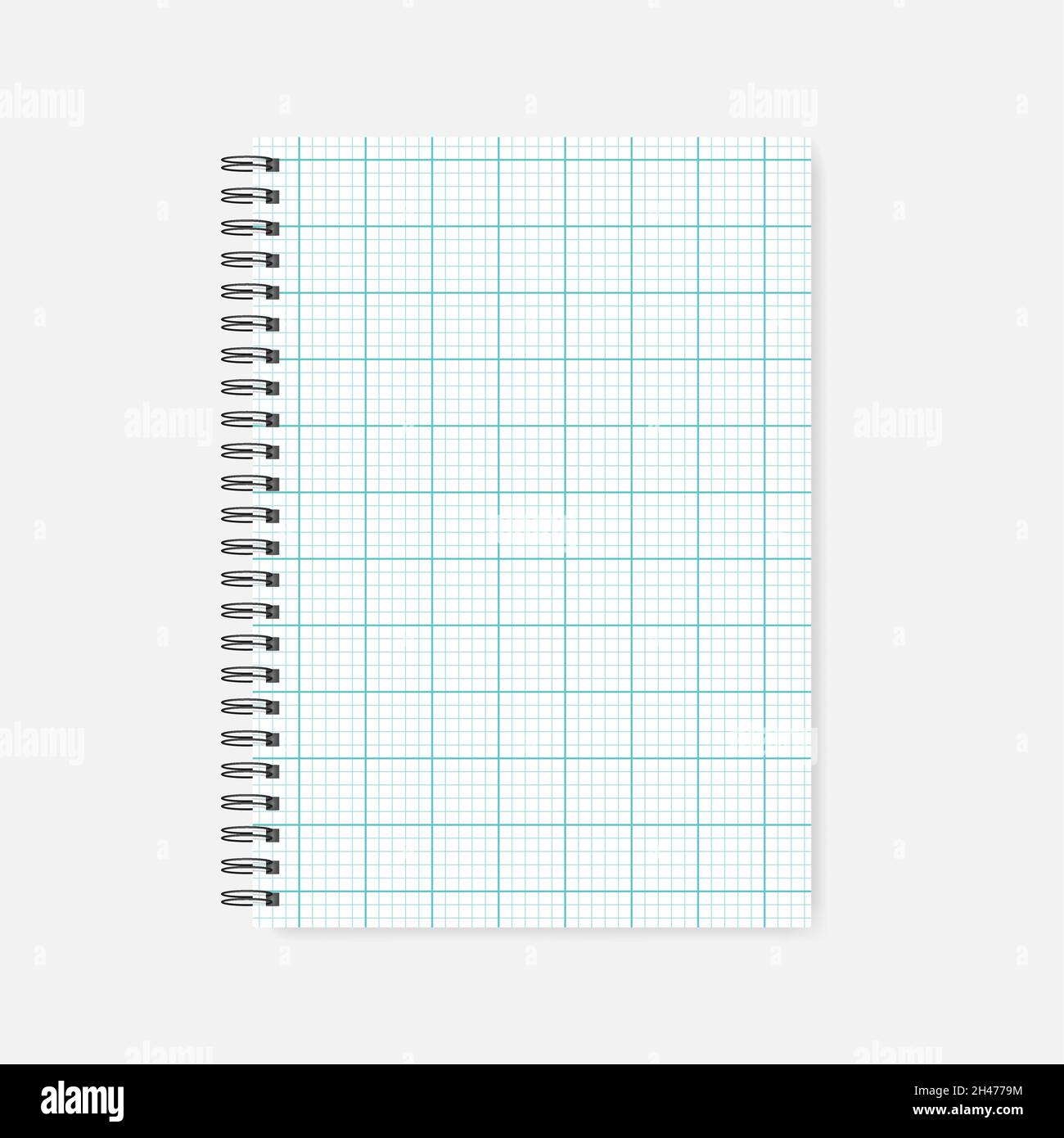 Spiral grid lined notebook, realistic mock-up. Wire bound cross section squared paper notepad template. A4 diary, mockup. Stock Vector