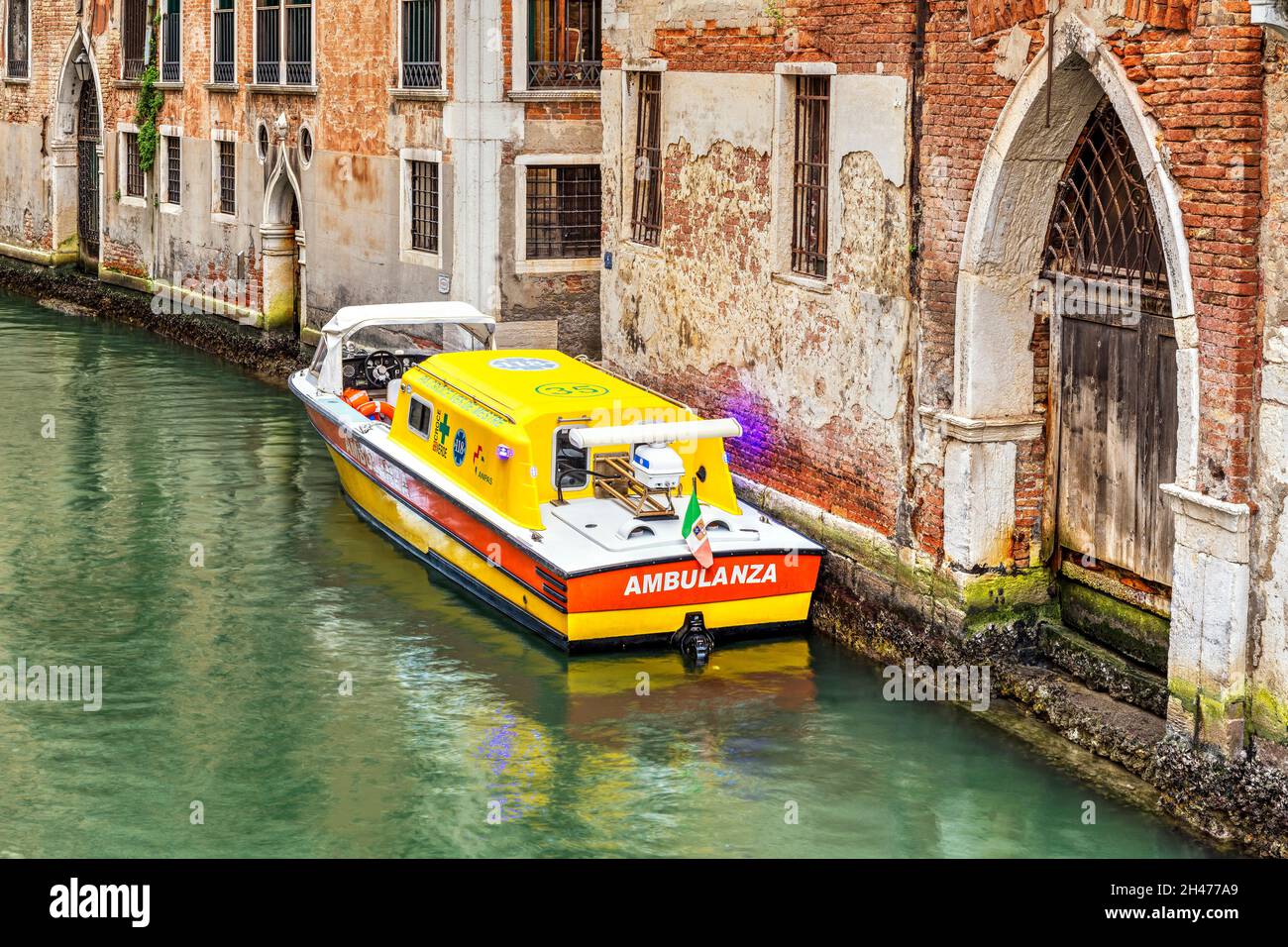 Water ambulance boat moored in a canal, Venice, Veneto, Italy Stock Photo