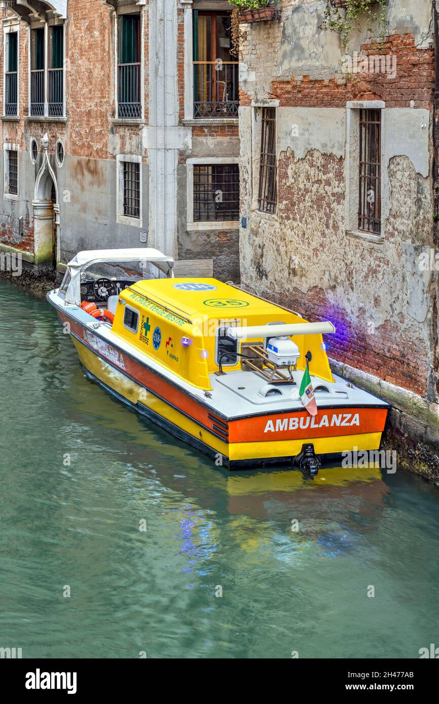 Water ambulance boat moored in a canal, Venice, Veneto, Italy Stock Photo