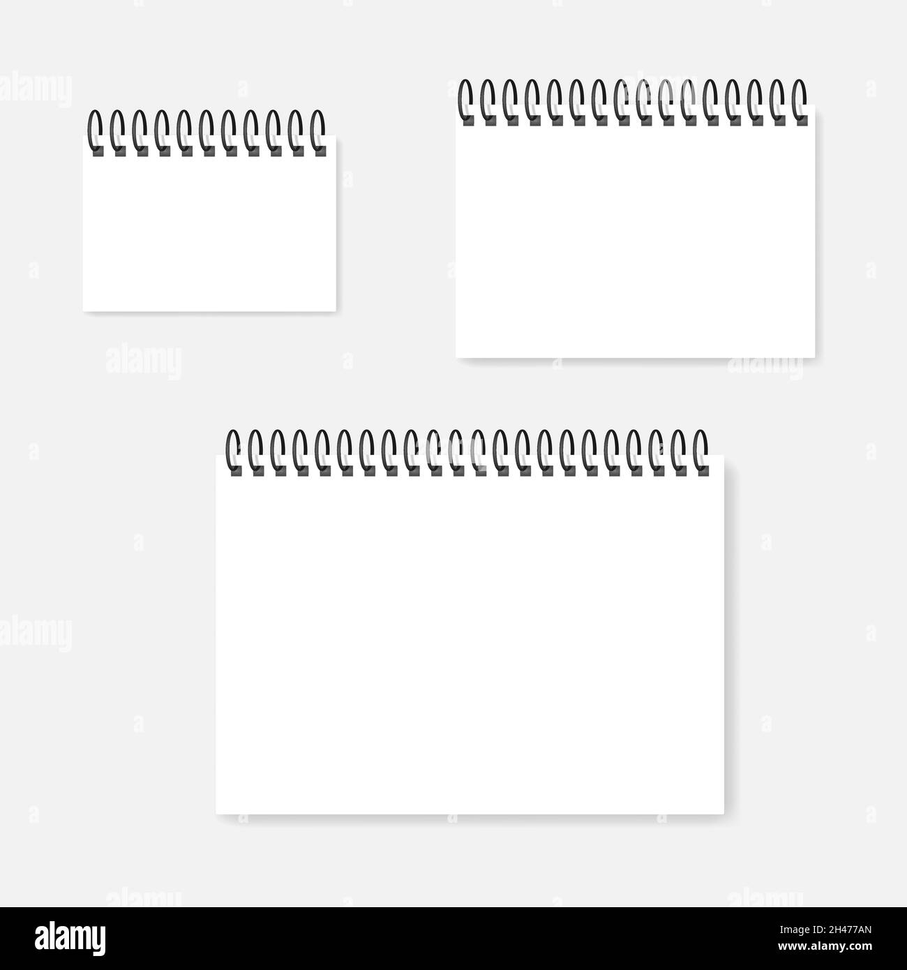 White paper sheet with spiral, vector mock-up set. A4, A5, A6 sizes. Blank ring bound horizontal calendar, realistic mockup Stock Vector