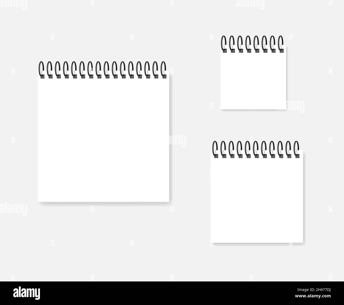Square white paper sheet with spiral, realistic mockup. Blank ring bound calendar, vector mock-up set Stock Vector