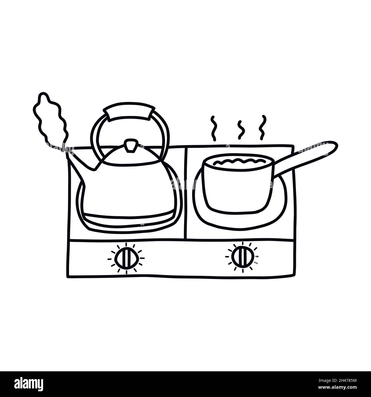 Small electric stove. The kettle is boiling and porridge is being