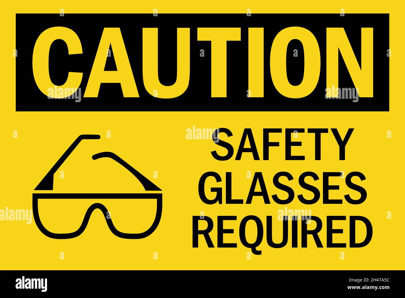 Safety glasses required Caution sign. Black on yellow background. Eye