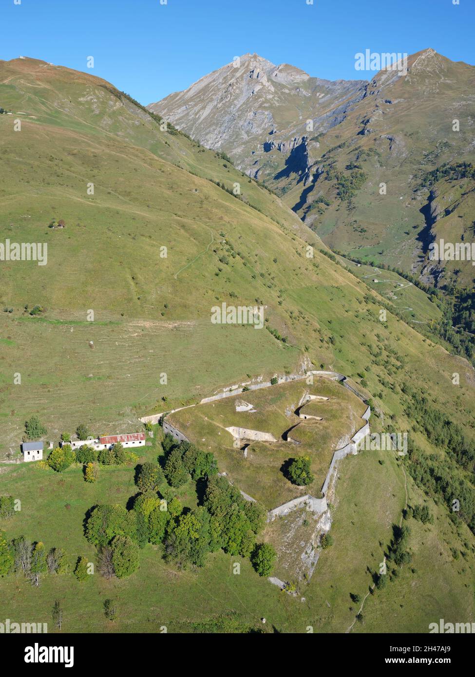 AERIAL VIEW. Fort du Truc, Bourg-Saint-Maurice, Savoie, Auvergne-Rhône-Alpes, France. Stock Photo