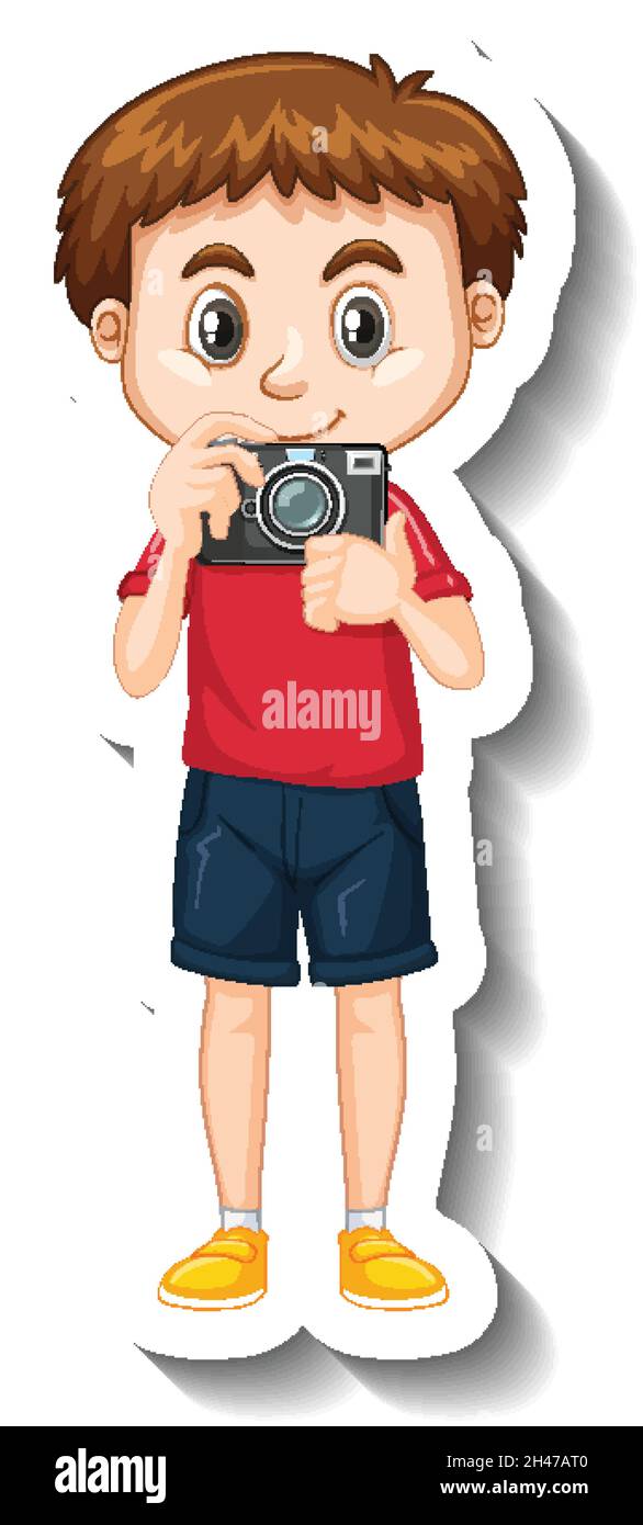 Boy holding camera cartoon character sticker illustration Stock Vector Image & Art Alamy