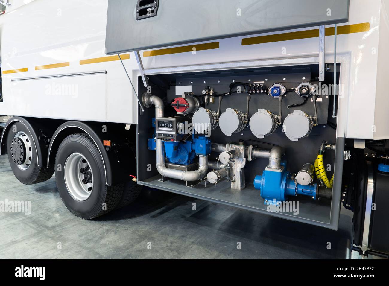 Equipment for pumping fuel on a fuel tanker truck Stock Photo