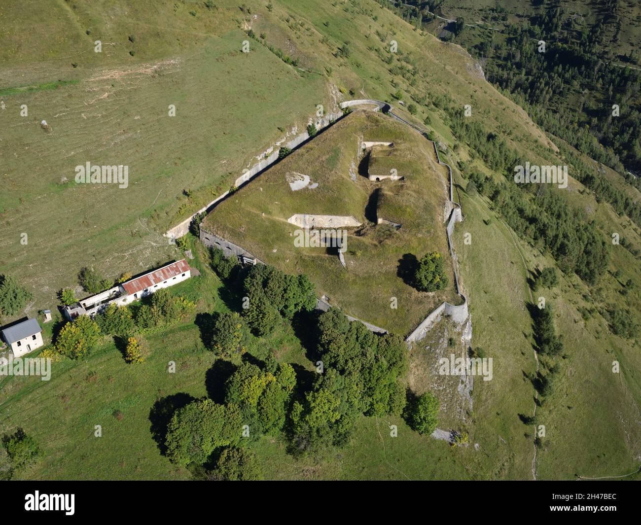 AERIAL VIEW. Fort du Truc, Bourg-Saint-Maurice, Savoie, Auvergne-Rhône-Alpes, France. Stock Photo