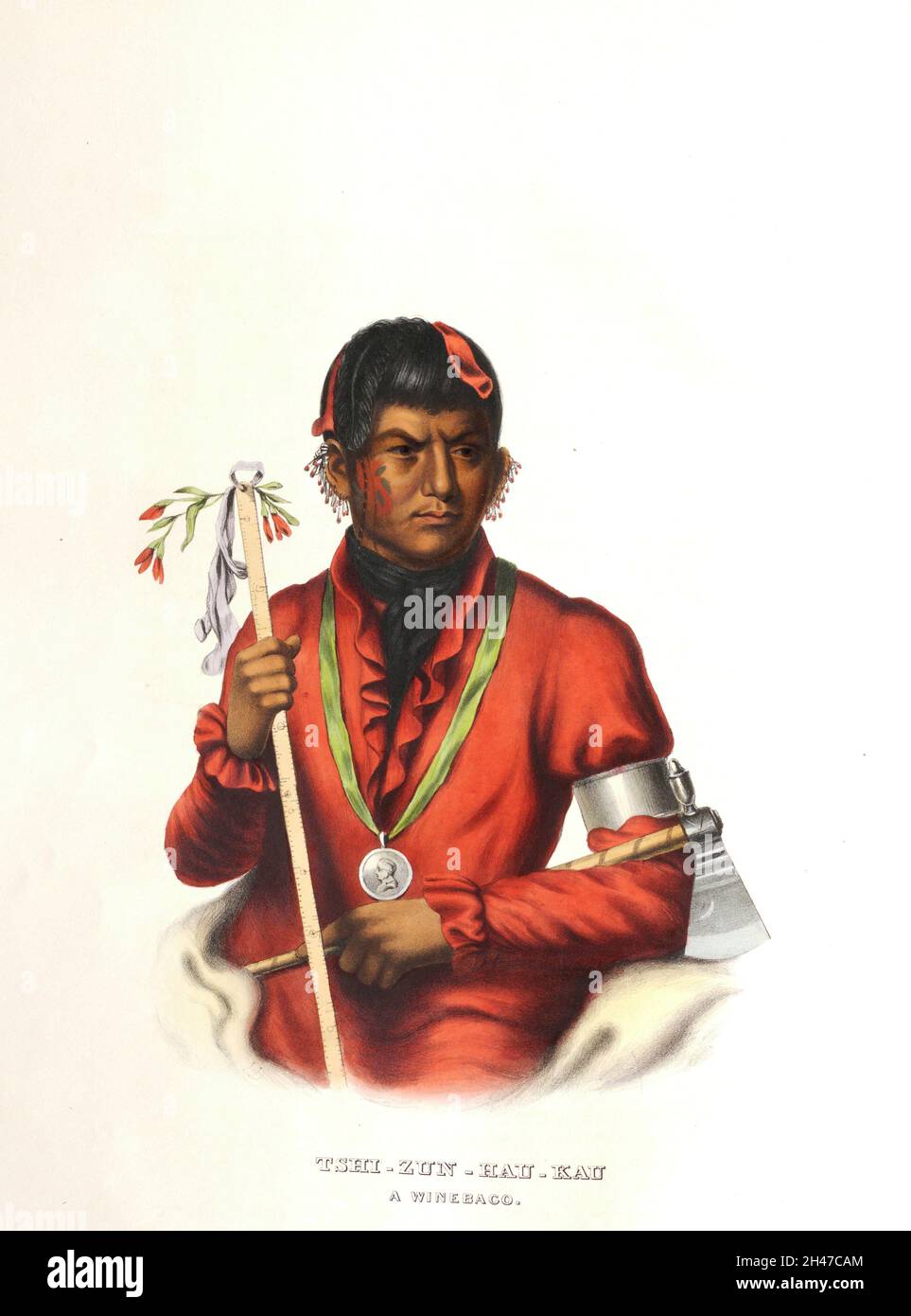 Tshizunhaukau, (He who runs with the deer) A Winnebago hand colored lithography of a portrait of from the book ' History of the Indian Tribes of North America with biographical sketches and anecdotes of the principal chiefs. ' Volume 2 of 3 by Thomas Loraine, McKenney, and James Hall Esq. Published in 1842 Painted by Charles Bird King Stock Photo