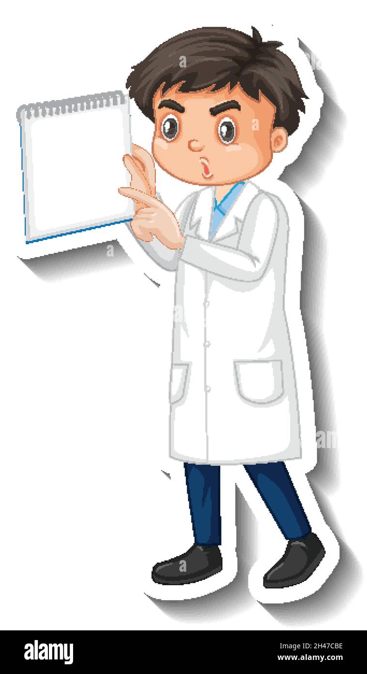 Scientist boy holding empty board cartoon character sticker ...