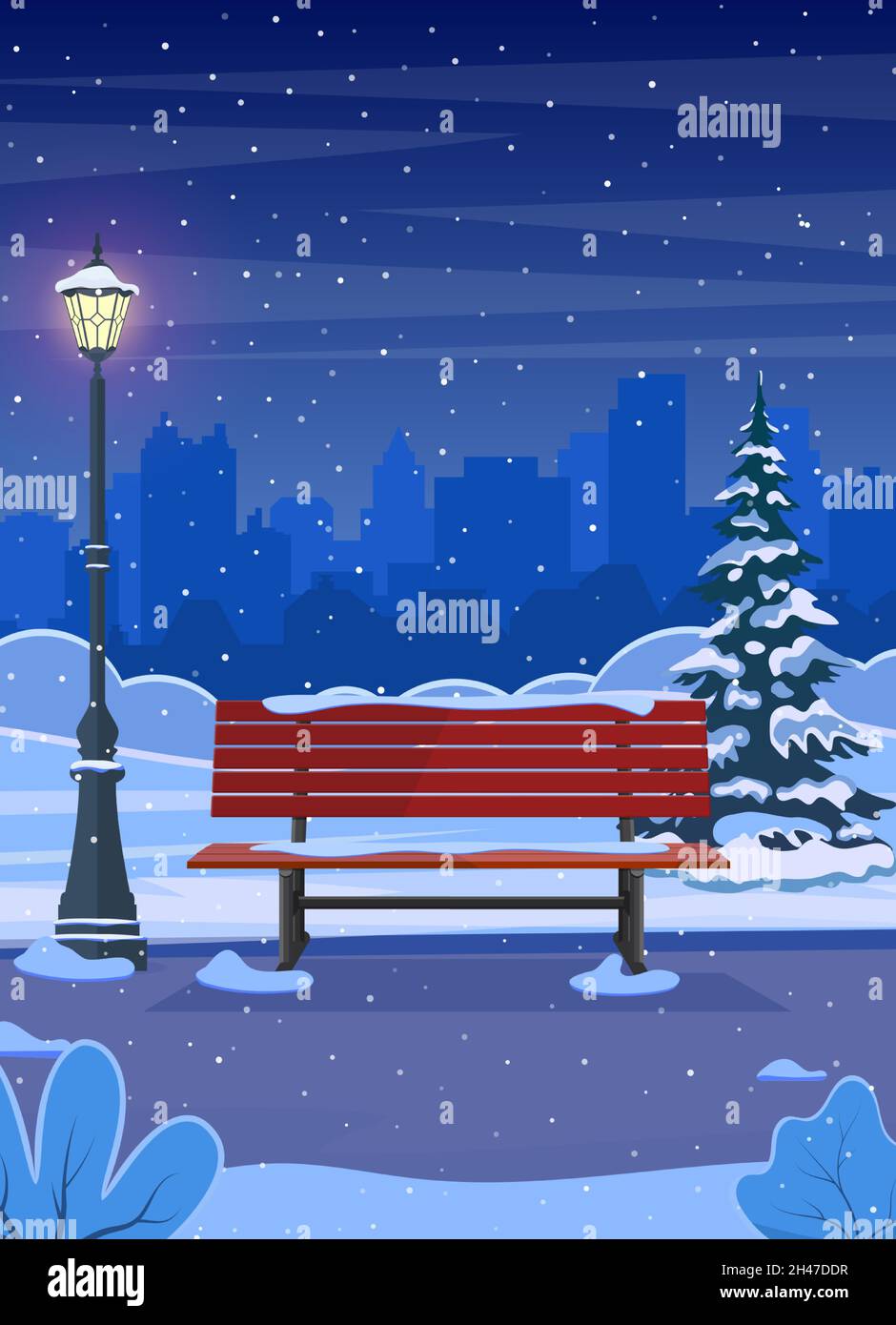 Winter city park with wooden bench Stock Vector Image & Art - Alamy