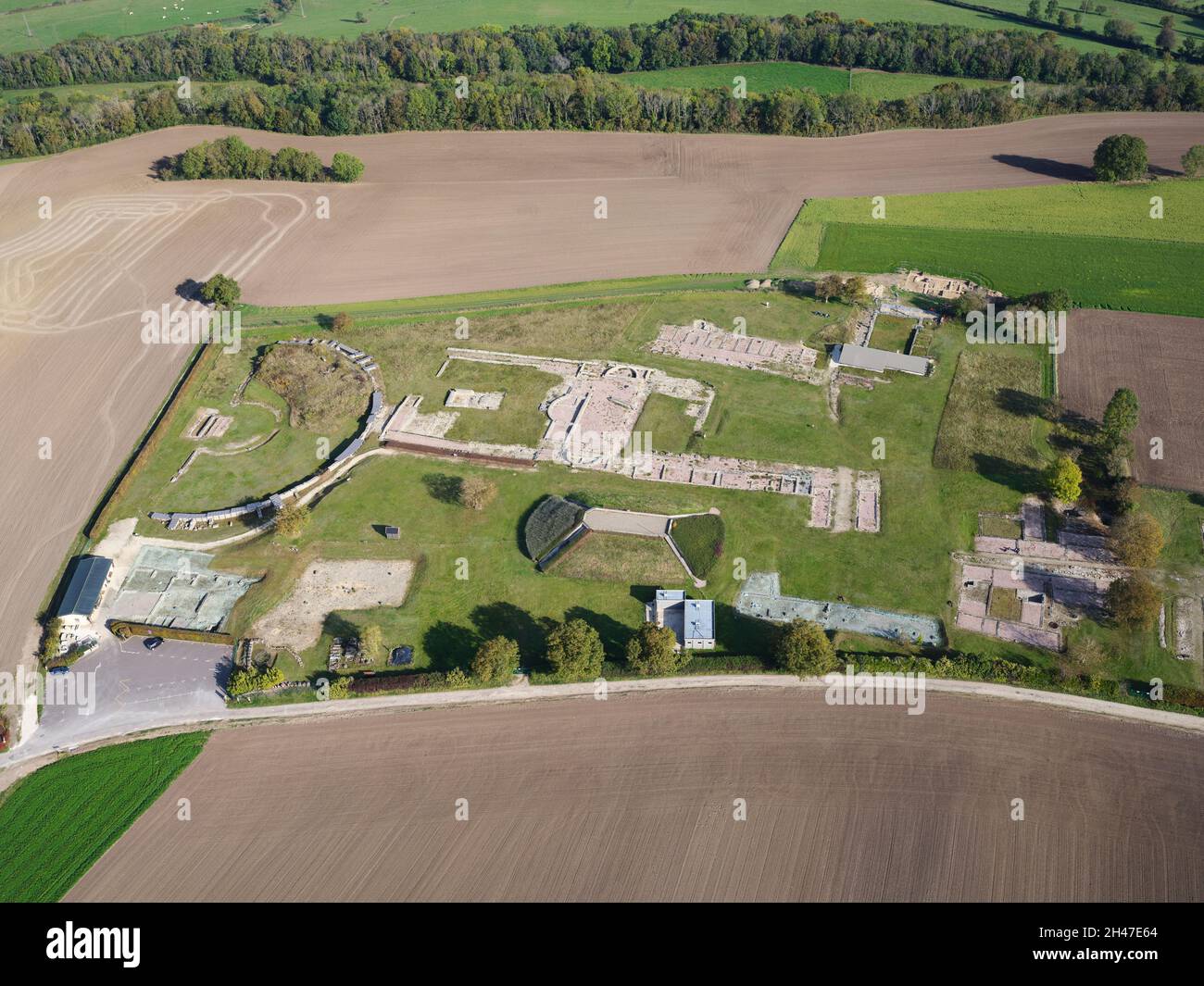 AERIAL VIEW. Archeological site of Alésia. Alise-Sainte-Reine, Côte d'Or, Bourgogne-Franche-Comté, France. Stock Photo