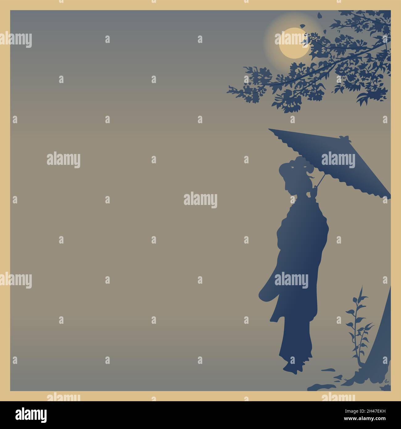 Vector design of silhouette geisha with umbrella under the moonlight, Beauty with umbrella in the moonlight. Stock Vector