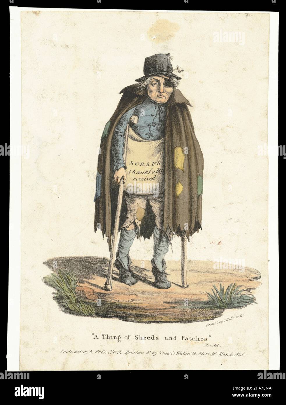 A beggar dressed in ragged clothes walks on crutches begging for scraps ...