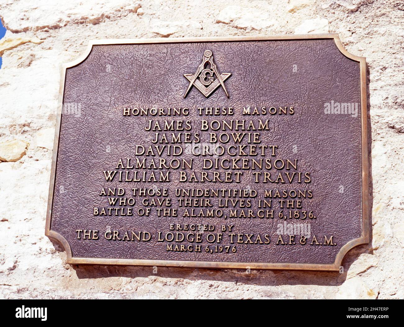 Plaque honouring Masons on The Alamo wall, San Antonio, Texas, USA. Stock Photo