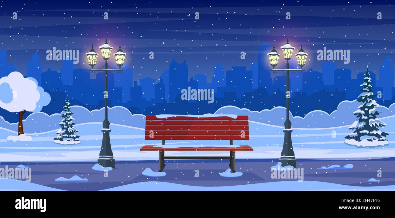 Winter city park with wooden bench Stock Vector Image & Art - Alamy