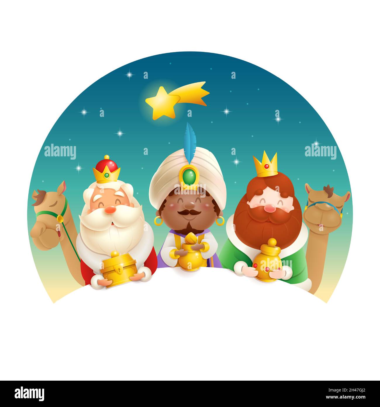 We Three Kings celebrate Epiphany - cute illustration isolated Stock Vector
