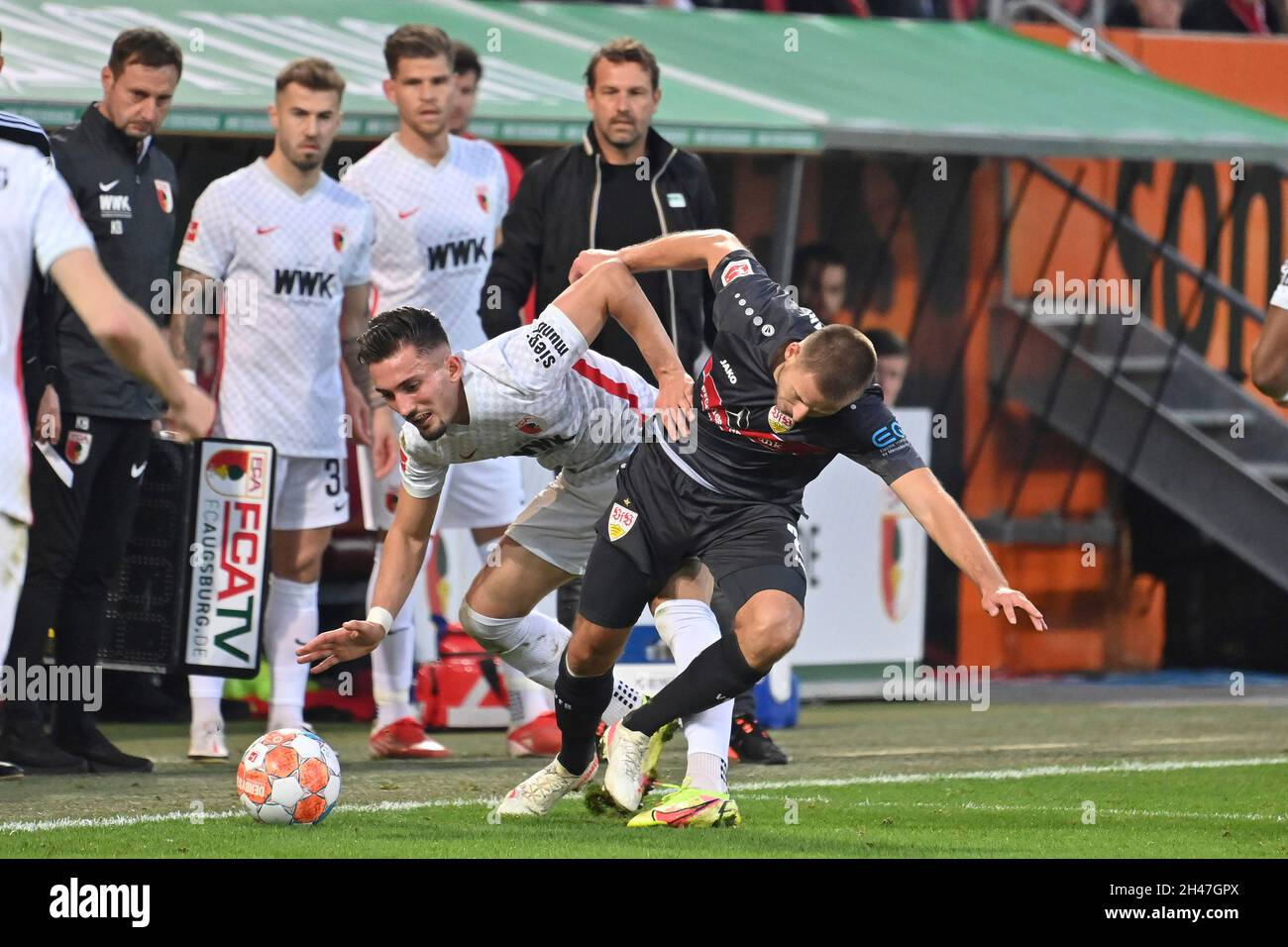 Augsburg, Deutschland. 31st Oct, 2021. Andi ZEQIRI (Augsburg), action,  duels versus Waldemar ANTON (VFB Stuttgart). Soccer 1. Bundesliga season  2021/2022, 10th matchday, matchday10, FC Augsburg - VFB Stuttgart 4-1 on  October 31,