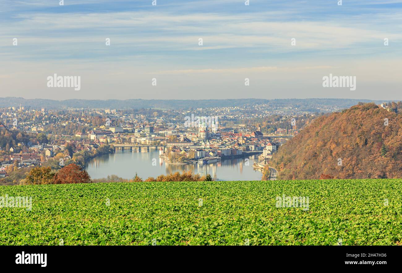 Scenic view on Passau at the Danube river in autumn Stock Photo